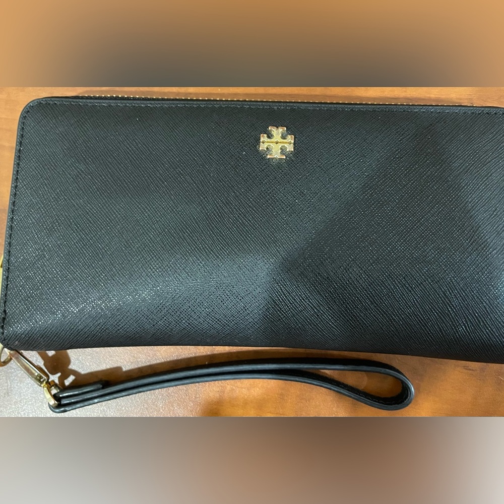 Tory Burch black and gold wallet with wristlet